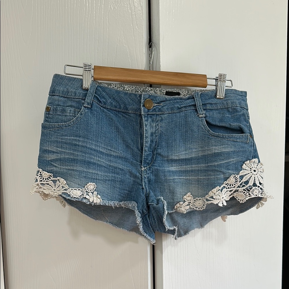 2B Bebe Blue Denim Shorts with Lace Trim